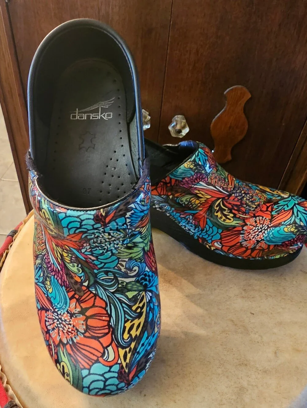 Dansko Multicolor Floral Print Clogs in Blue-Red-Green